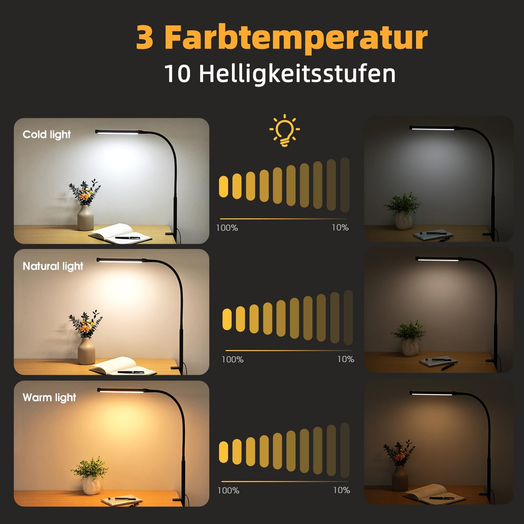 LED Schreibtischlampe Klemmbar, Dimmbare lampe mit USB, Schwarz