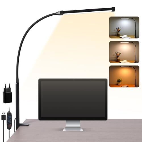 LED Schreibtischlampe Klemmbar, Dimmbare lampe mit USB, Schwarz