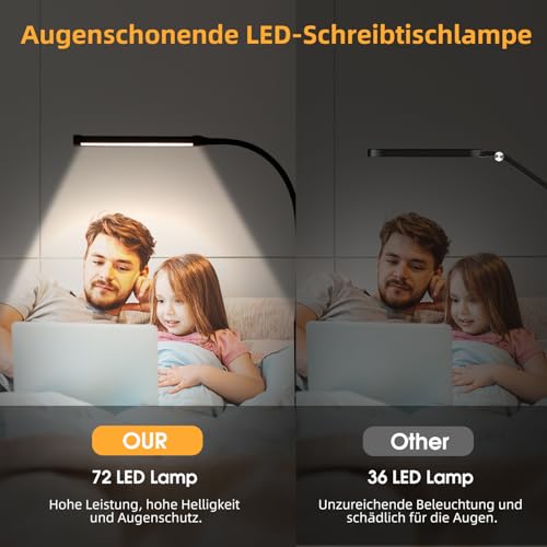 LED Schreibtischlampe Klemmbar, Dimmbare lampe mit USB, Schwarz