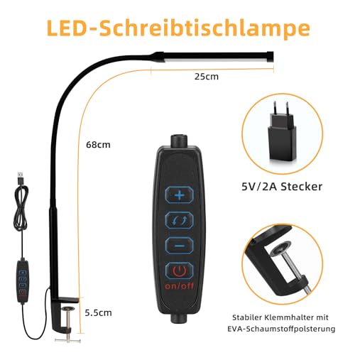 LED Schreibtischlampe Klemmbar, Dimmbare lampe mit USB, Schwarz
