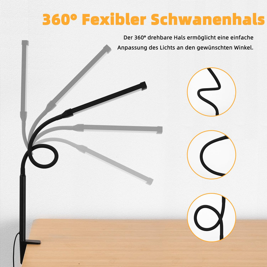LED Schreibtischlampe Klemmbar, Dimmbare lampe mit USB, Schwarz
