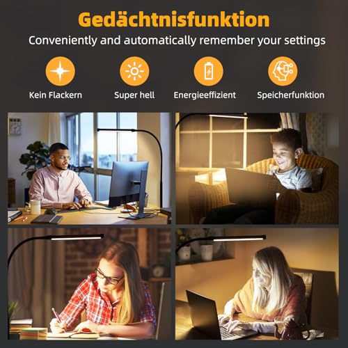 LED Schreibtischlampe Klemmbar, Dimmbare lampe mit USB, Schwarz