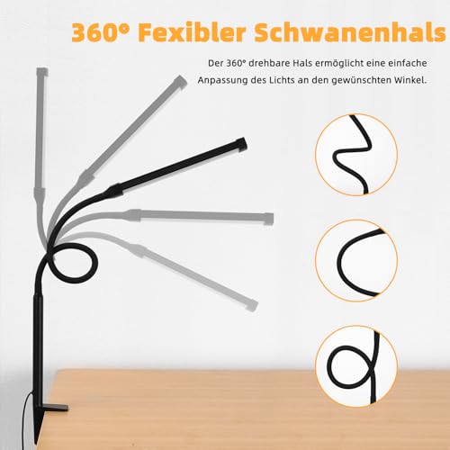 LED Schreibtischlampe Klemmbar, Dimmbare lampe mit USB, Schwarz