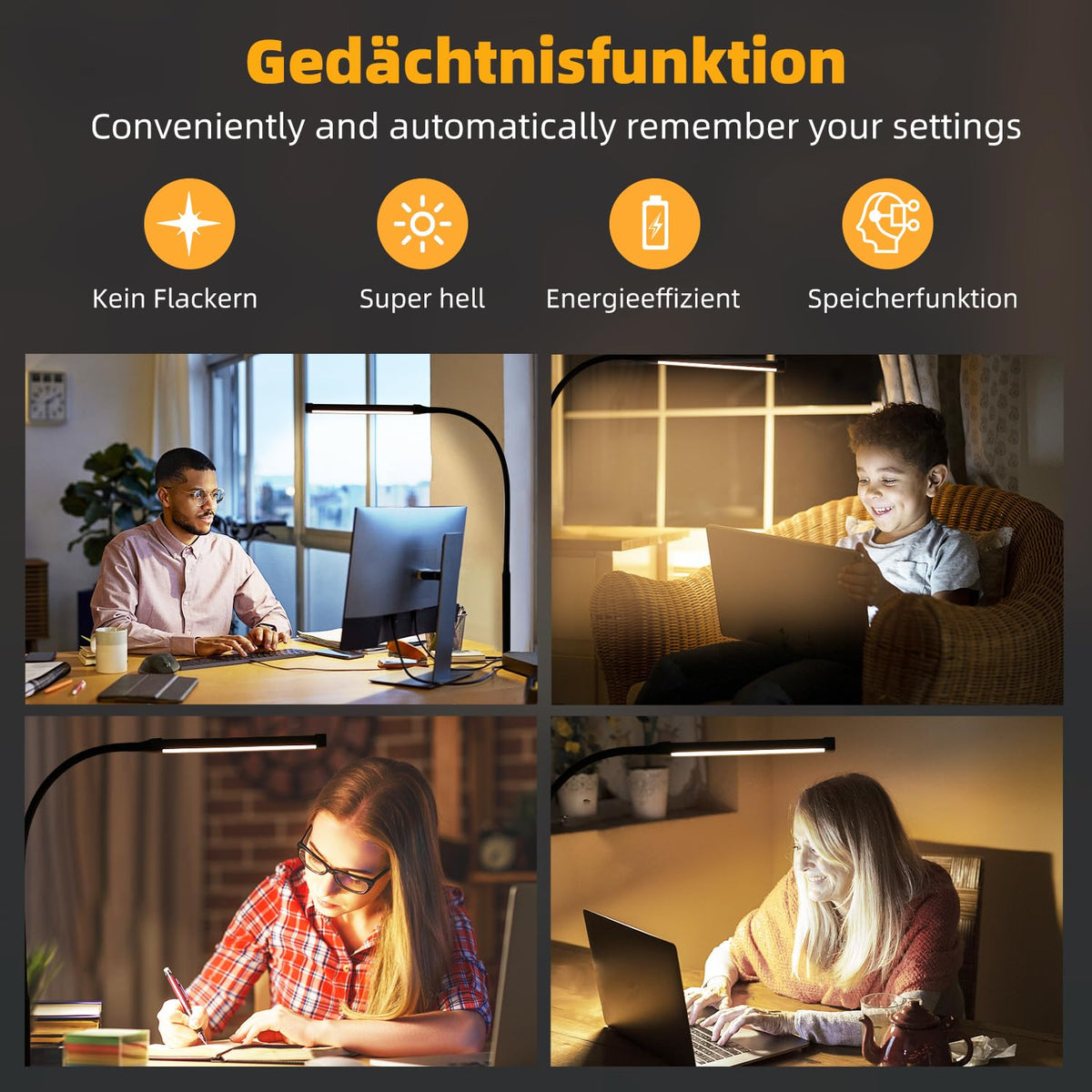 LED Schreibtischlampe Klemmbar, Dimmbare lampe mit USB, Schwarz