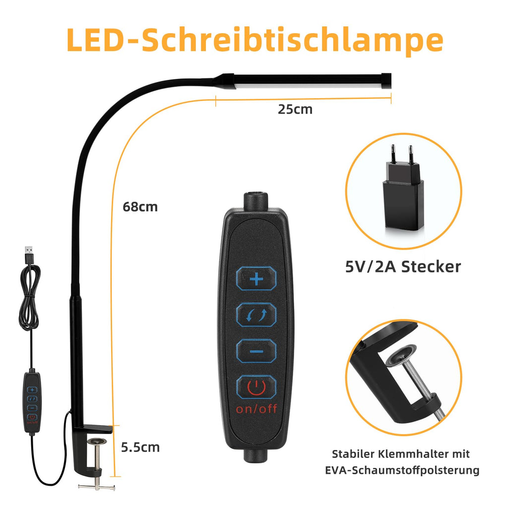 LED Schreibtischlampe Klemmbar, Dimmbare lampe mit USB, Schwarz