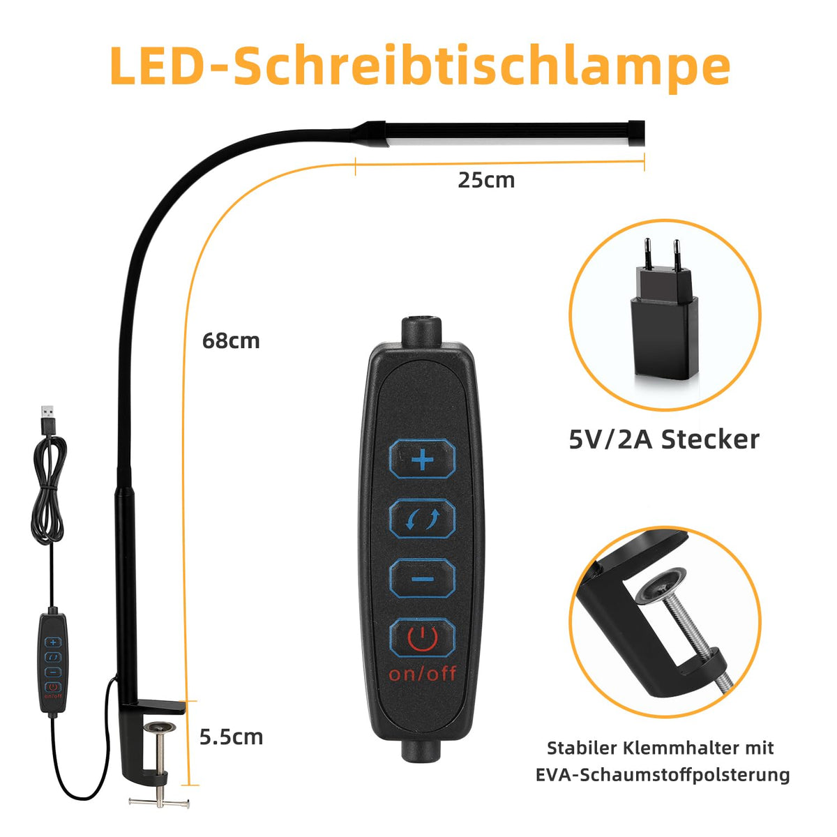 LED Schreibtischlampe Klemmbar, Dimmbare lampe mit USB, Schwarz