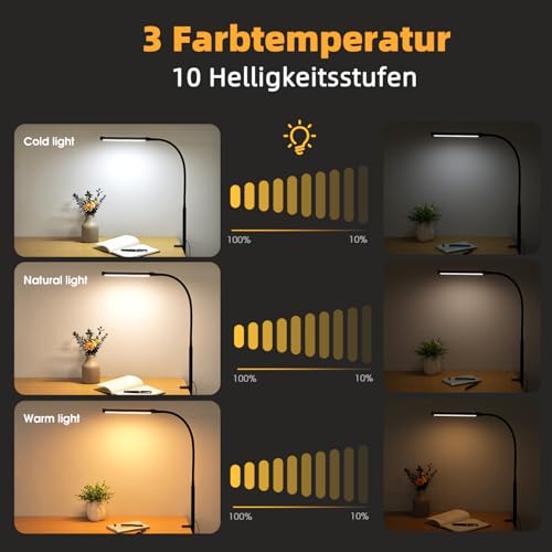 LED Schreibtischlampe Klemmbar, Dimmbare lampe mit USB, Schwarz