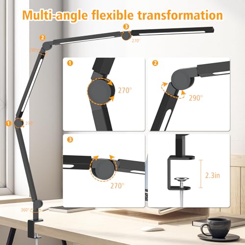AILBTON LED Schreibtischlampe mit Clip,Mehrwinkel-Flexible 4 Abschnitte 3 Lichtquellen Büroschreibtischlampe,4 Farbtemperaturen und 5 Helligkeitsstufen,Nachtaugenpflege Tischlampe für Zuhause Büro