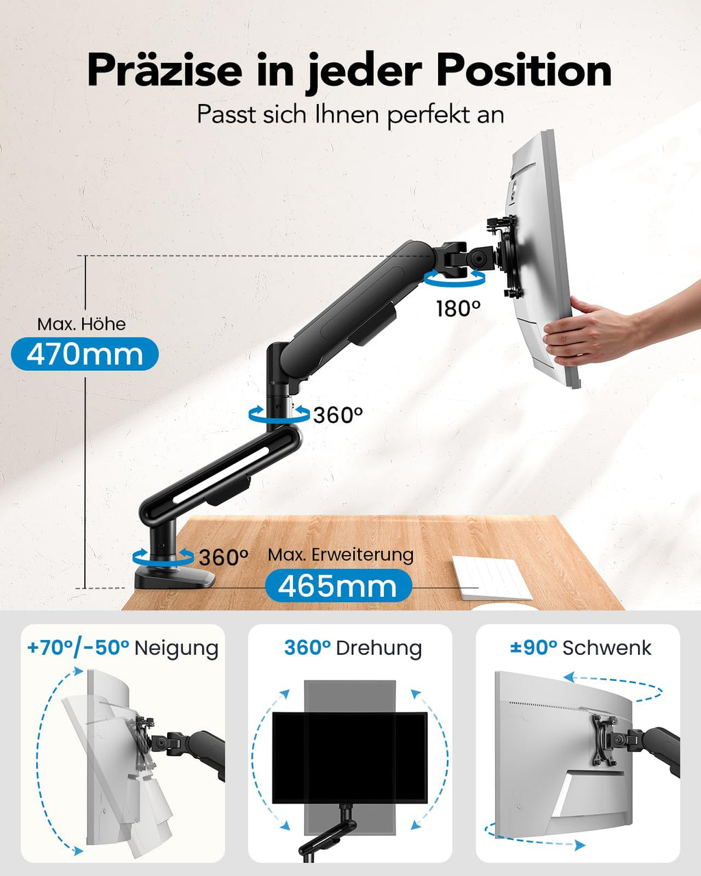 HUANUO Monitor Halterung für 13-40 Zoll Bildschirme, Monitor Arm mit NITROGLIDE™-Federung, bis 12 kg, Monitorhalterung höhenverstellbar, schwenkbar, neigbar, für Gaming & Office, VESA 75×75/100×100 mm