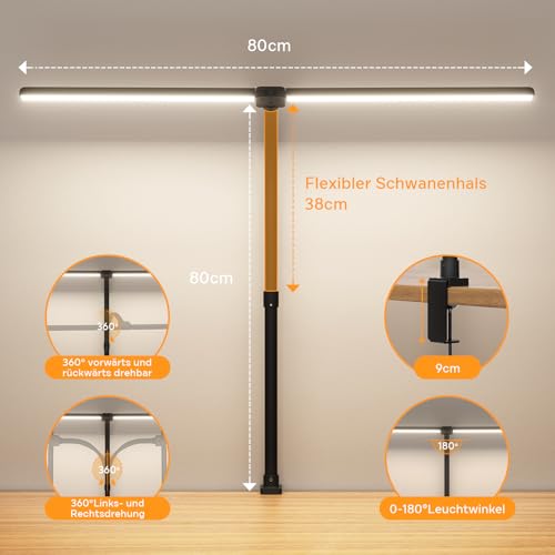 Doppelkopf Schreibtischlampe LED Dimmbar, 24W 80CM Klemmbar Tageslichtlampe Schreibtisch Lampe, Schwanenhals Büro Tischlampe Augenschutz Arbeitsplatzleuchte Monitor Lampe, schwarz