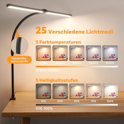 Doppelkopf Schreibtischlampe LED Dimmbar, 24W 80CM Klemmbar Tageslichtlampe Schreibtisch Lampe, Schwanenhals Büro Tischlampe Augenschutz Arbeitsplatzleuchte Monitor Lampe, schwarz