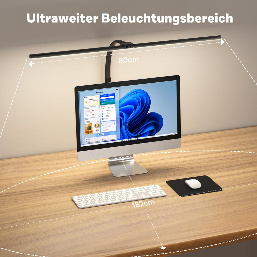 Doppelkopf Schreibtischlampe LED Dimmbar, 24W 80CM Klemmbar Tageslichtlampe Schreibtisch Lampe, Schwanenhals Büro Tischlampe Augenschutz Arbeitsplatzleuchte Monitor Lampe, schwarz