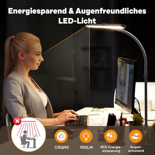 Doppelkopf Schreibtischlampe LED Dimmbar, 24W 80CM Klemmbar Tageslichtlampe Schreibtisch Lampe, Schwanenhals Büro Tischlampe Augenschutz Arbeitsplatzleuchte Monitor Lampe, schwarz