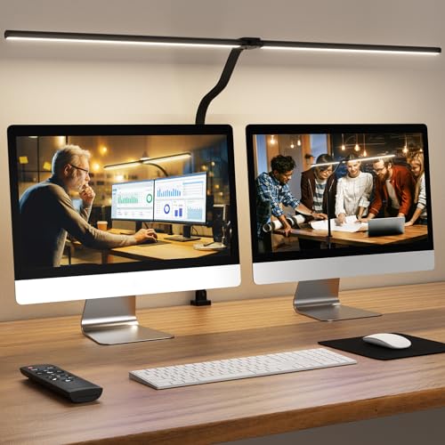Doppelkopf Schreibtischlampe LED Dimmbar, 24W 80CM Klemmbar Tageslichtlampe Schreibtisch Lampe, Schwanenhals Büro Tischlampe Augenschutz Arbeitsplatzleuchte Monitor Lampe, schwarz