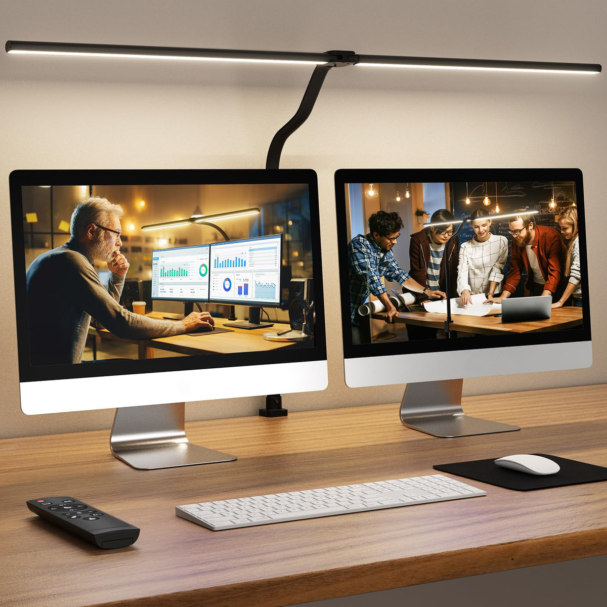 Doppelkopf Schreibtischlampe LED Dimmbar, 24W 80CM Klemmbar Tageslichtlampe Schreibtisch Lampe, Schwanenhals Büro Tischlampe Augenschutz Arbeitsplatzleuchte Monitor Lampe, schwarz