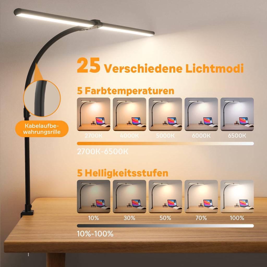 Doppelkopf Schreibtischlampe LED Dimmbar, 24W 80CM Klemmbar Tageslichtlampe Schreibtisch Lampe, Schwanenhals Büro Tischlampe Augenschutz Arbeitsplatzleuchte Monitor Lampe, schwarz