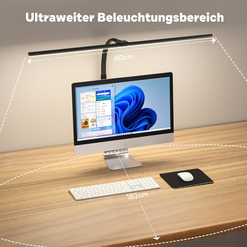 Doppelkopf Schreibtischlampe LED Dimmbar, 24W 80CM Klemmbar Tageslichtlampe Schreibtisch Lampe, Schwanenhals Büro Tischlampe Augenschutz Arbeitsplatzleuchte Monitor Lampe, schwarz
