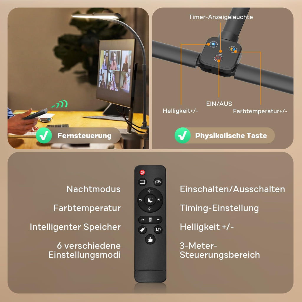 Doppelkopf Schreibtischlampe LED Dimmbar, 24W 80CM Klemmbar Tageslichtlampe Schreibtisch Lampe, Schwanenhals Büro Tischlampe Augenschutz Arbeitsplatzleuchte Monitor Lampe, schwarz