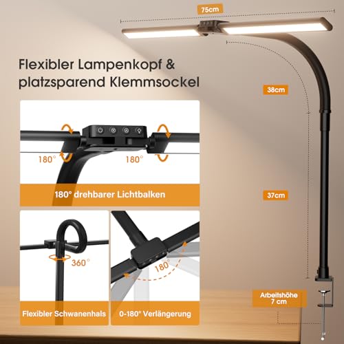 SIBRILLE Schreibtischlampe LED, Doppelkopf Schreibtischlampe Dimmbar, Klemmbar Desk Lamp für Büro, Augenschutz Monitor Lampe Tageslichtlampe, PC Lampe Tischlampe mit Schwanenhals, Schwarz