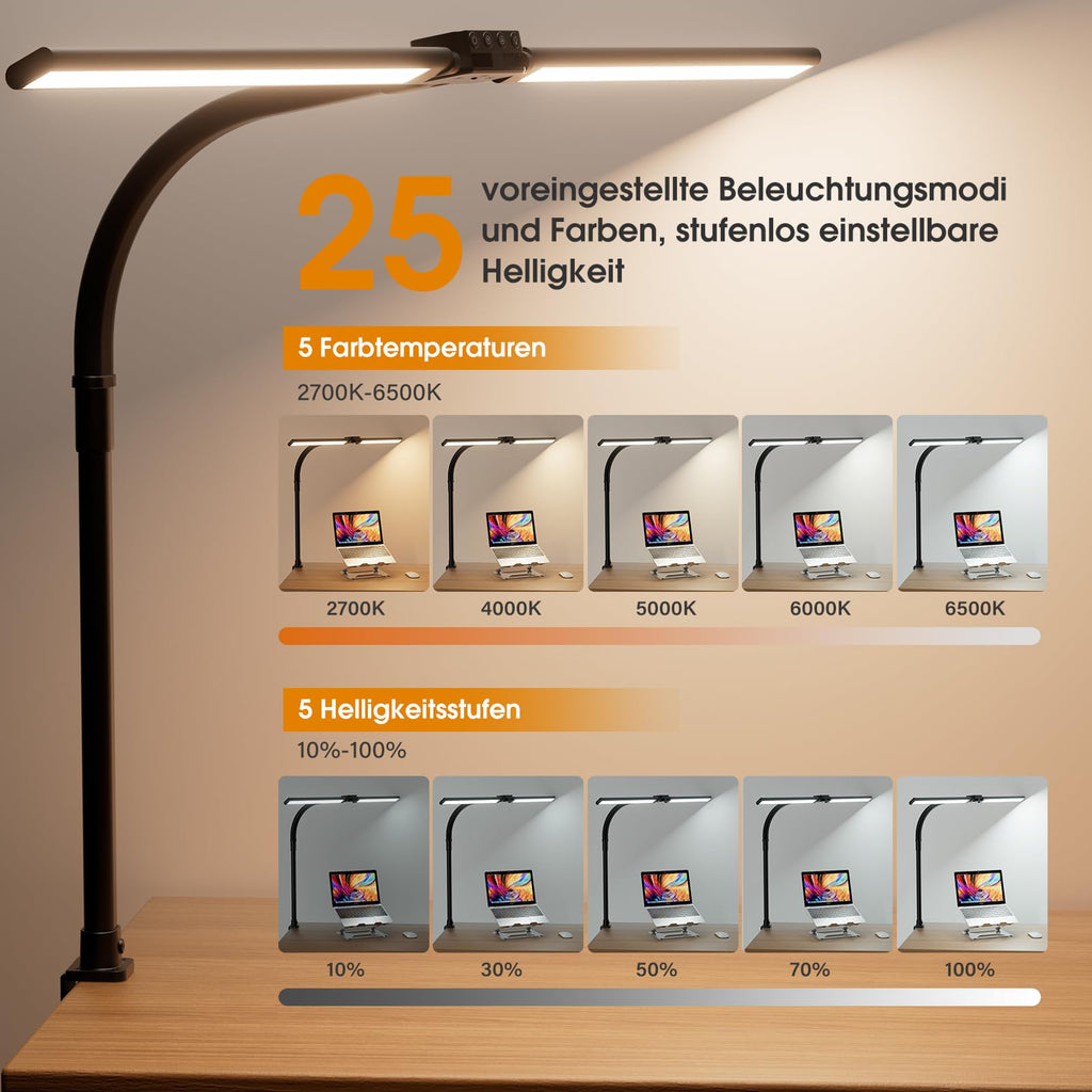 SIBRILLE Schreibtischlampe LED, Doppelkopf Schreibtischlampe Dimmbar, Klemmbar Desk Lamp für Büro, Augenschutz Monitor Lampe Tageslichtlampe, PC Lampe Tischlampe mit Schwanenhals, Schwarz