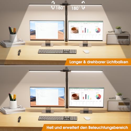 SIBRILLE Schreibtischlampe LED, Doppelkopf Schreibtischlampe Dimmbar, Klemmbar Desk Lamp für Büro, Augenschutz Monitor Lampe Tageslichtlampe, PC Lampe Tischlampe mit Schwanenhals, Schwarz