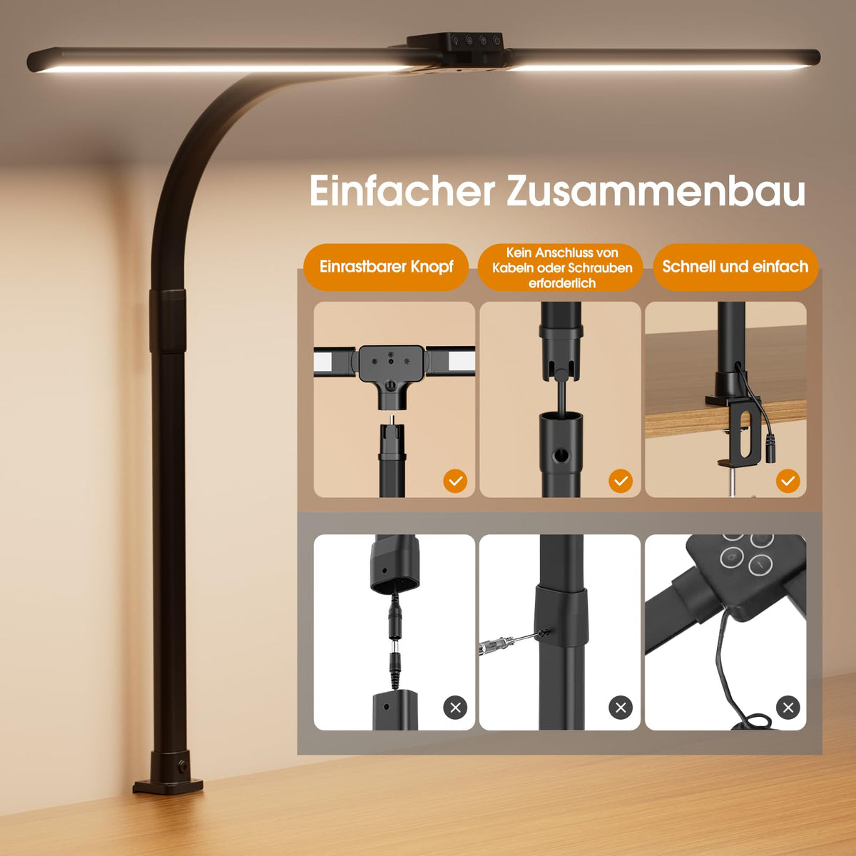SIBRILLE Schreibtischlampe LED, Doppelkopf Schreibtischlampe Dimmbar, Klemmbar Desk Lamp für Büro, Augenschutz Monitor Lampe Tageslichtlampe, PC Lampe Tischlampe mit Schwanenhals, Schwarz