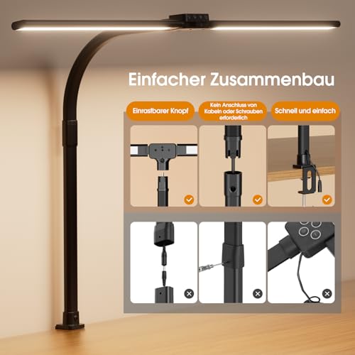 SIBRILLE Schreibtischlampe LED, Doppelkopf Schreibtischlampe Dimmbar, Klemmbar Desk Lamp für Büro, Augenschutz Monitor Lampe Tageslichtlampe, PC Lampe Tischlampe mit Schwanenhals, Schwarz