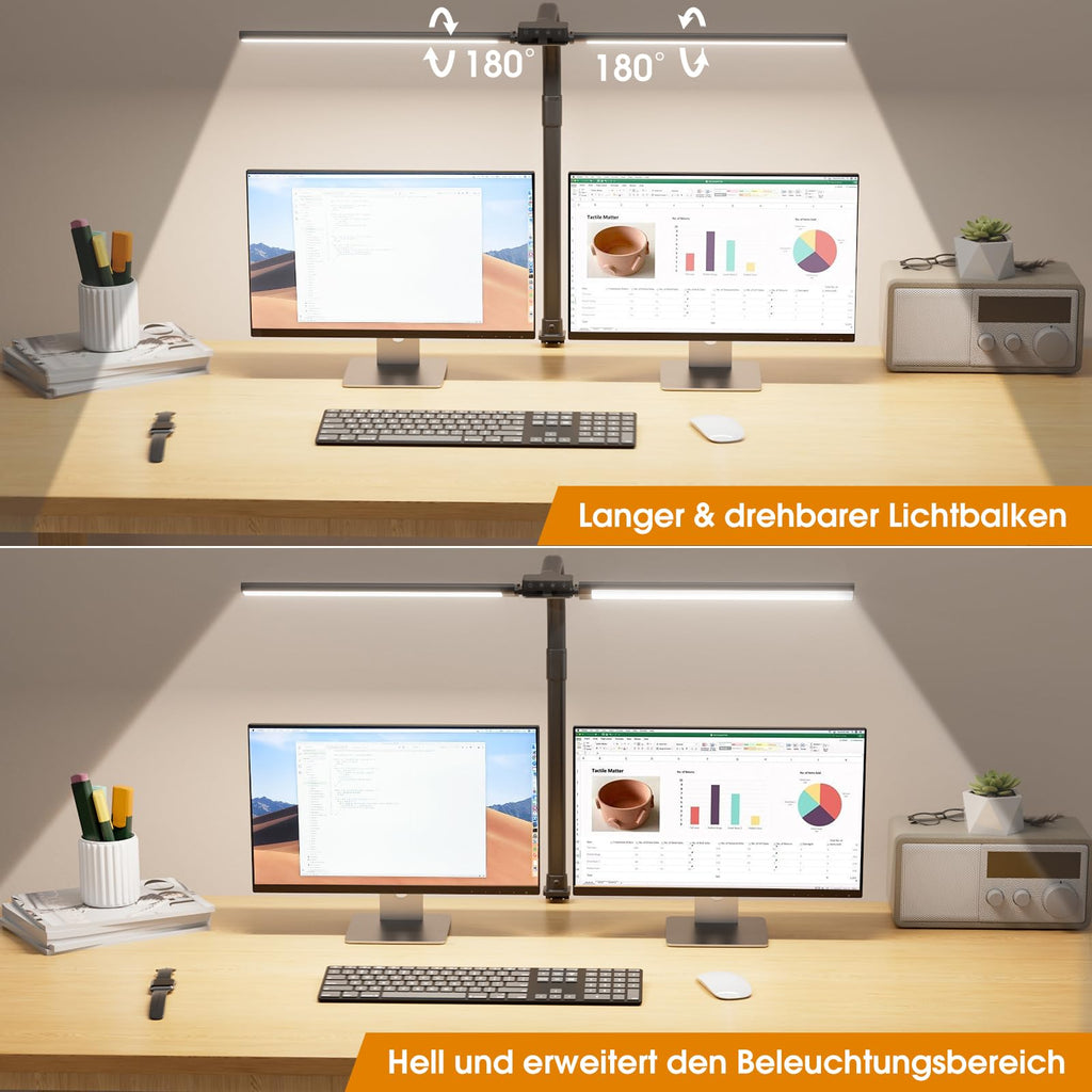 SIBRILLE Schreibtischlampe LED, Doppelkopf Schreibtischlampe Dimmbar, Klemmbar Desk Lamp für Büro, Augenschutz Monitor Lampe Tageslichtlampe, PC Lampe Tischlampe mit Schwanenhals, Schwarz