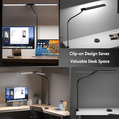 EYOCEAN Schreibtischlampe, Doppelkopf Schreibtischlampe Klemmbar, 16W 72cm Tageslichtlampe Schreibtisch mit Fernbedienung, Dimmbare Monitor Lampe, Schwanenhals Büro Tischlampe, Augenschutz Klemmlampe
