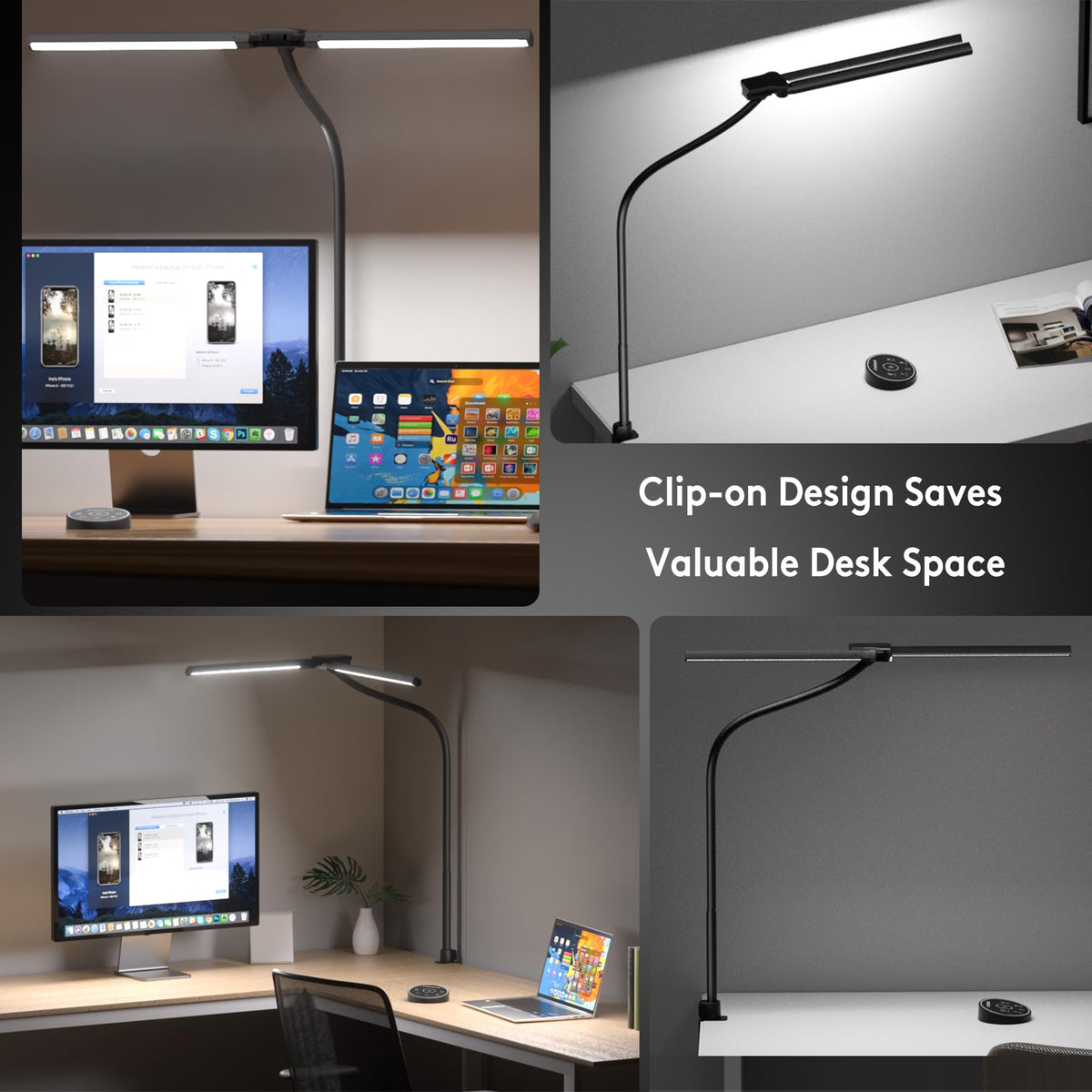 EYOCEAN Schreibtischlampe, Doppelkopf Schreibtischlampe Klemmbar, 16W 72cm Tageslichtlampe Schreibtisch mit Fernbedienung, Dimmbare Monitor Lampe, Schwanenhals Büro Tischlampe, Augenschutz Klemmlampe