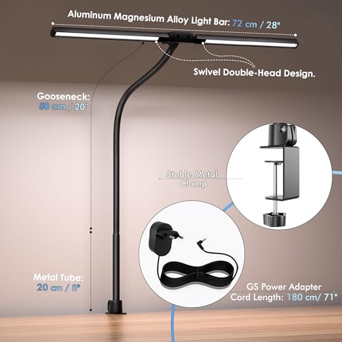 EYOCEAN Schreibtischlampe, Doppelkopf Schreibtischlampe Klemmbar, 16W 72cm Tageslichtlampe Schreibtisch mit Fernbedienung, Dimmbare Monitor Lampe, Schwanenhals Büro Tischlampe, Augenschutz Klemmlampe