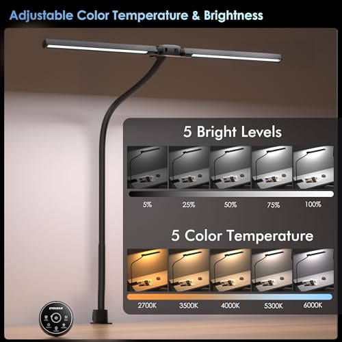 EYOCEAN Schreibtischlampe, Doppelkopf Schreibtischlampe Klemmbar, 16W 72cm Tageslichtlampe Schreibtisch mit Fernbedienung, Dimmbare Monitor Lampe, Schwanenhals Büro Tischlampe, Augenschutz Klemmlampe