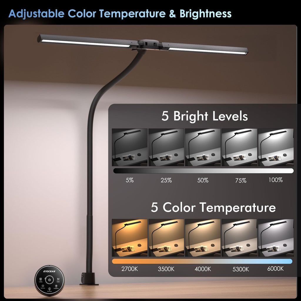 EYOCEAN Schreibtischlampe, Doppelkopf Schreibtischlampe Klemmbar, 16W 72cm Tageslichtlampe Schreibtisch mit Fernbedienung, Dimmbare Monitor Lampe, Schwanenhals Büro Tischlampe, Augenschutz Klemmlampe
