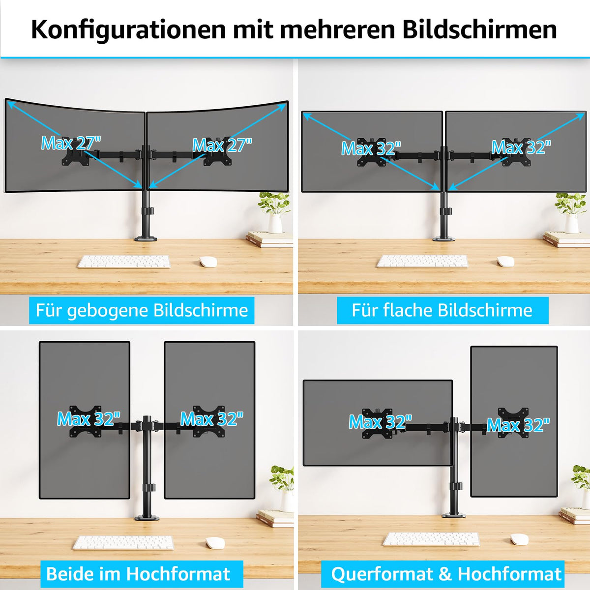 MOUNTUP Monitor Halterung 2 Monitore für 13-32 Zoll Flach&Curved Bildschirm