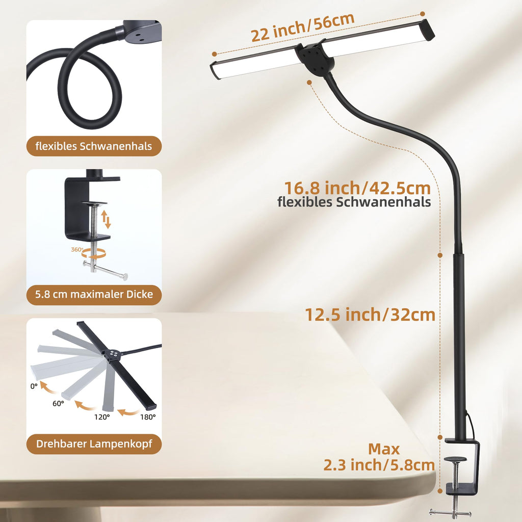 LED Schreibtischlampe Klemmbar mit Fernbedienung, Dimmbar, Schwarz