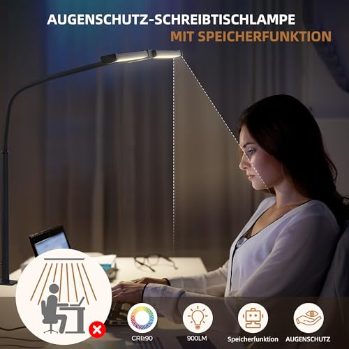 LED Schreibtischlampe Klemmbar mit Fernbedienung, Dimmbar, Schwarz