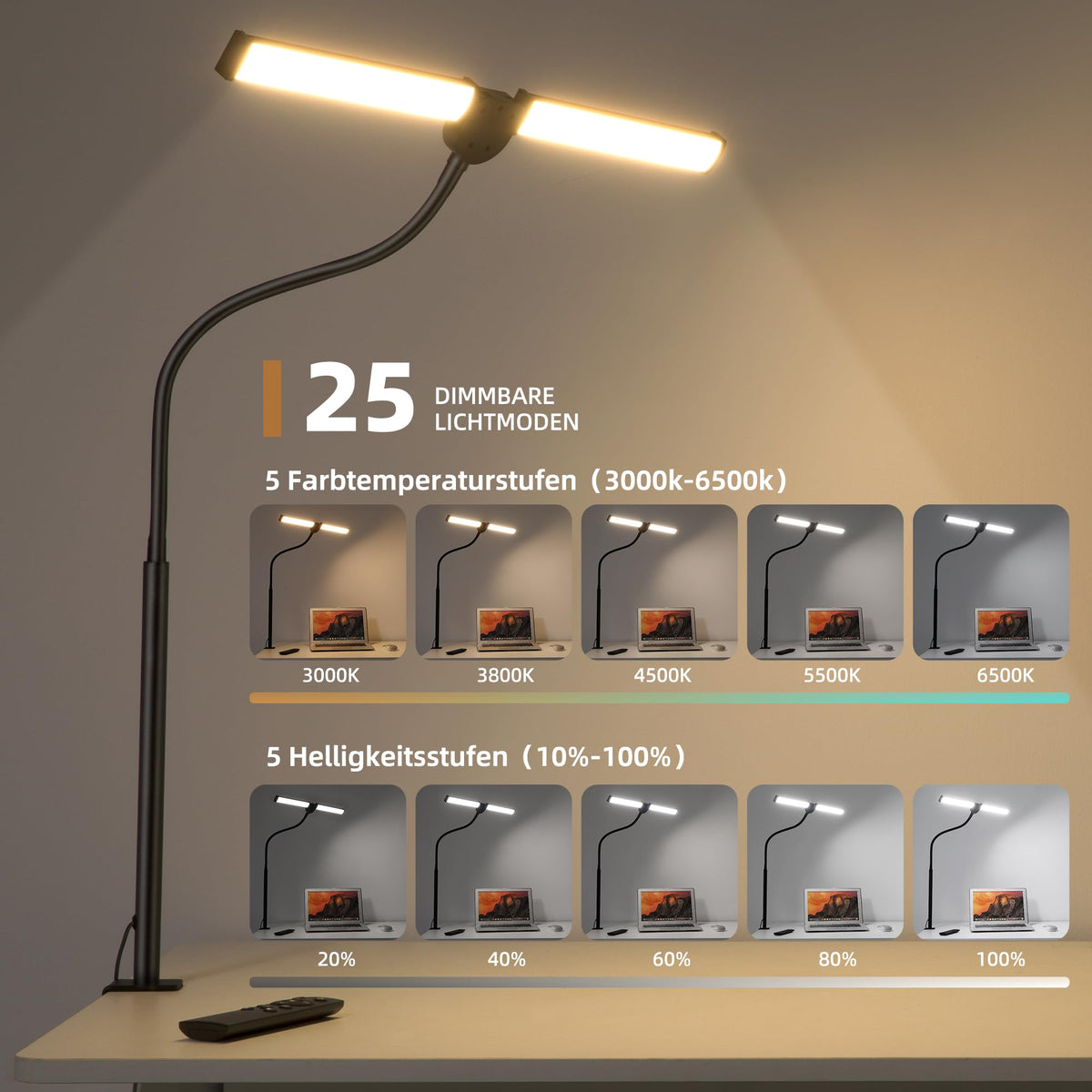 LED Schreibtischlampe Klemmbar mit Fernbedienung, Dimmbar, Schwarz