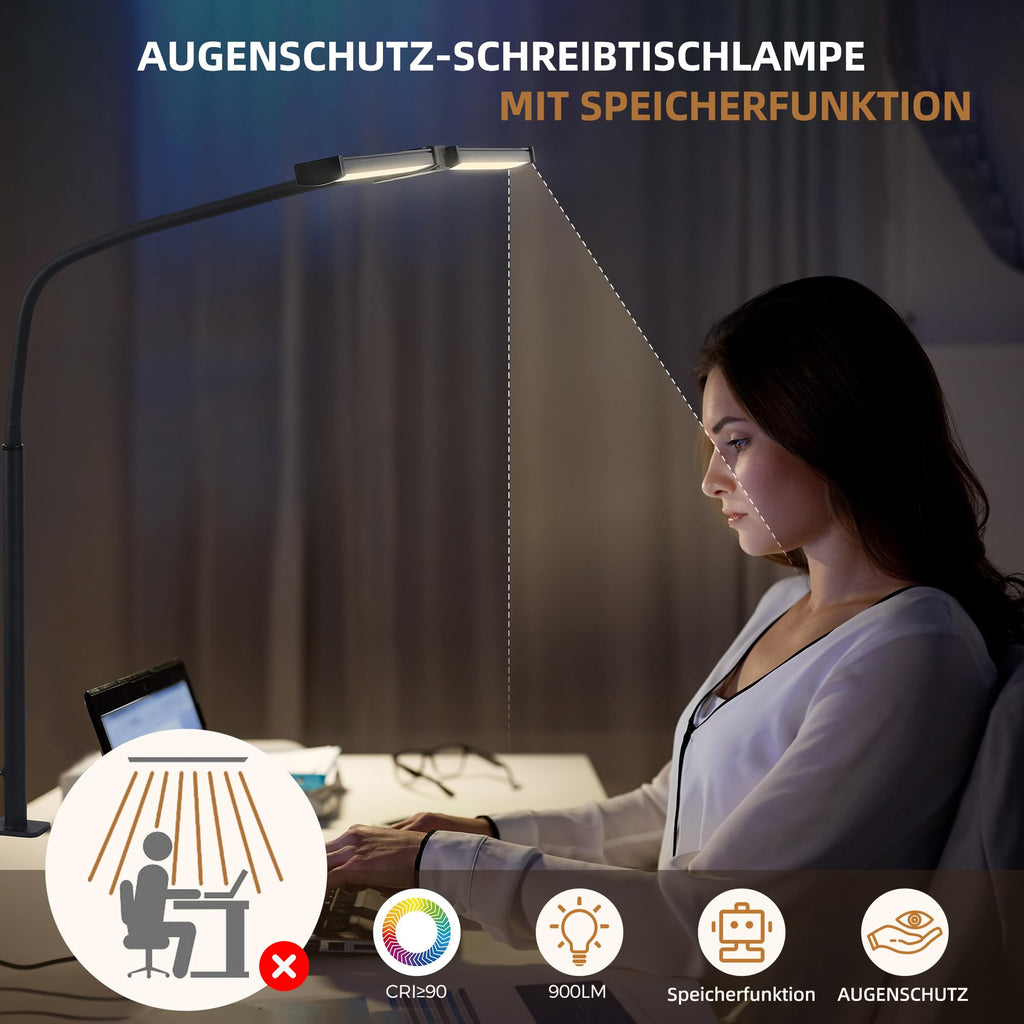 LED Schreibtischlampe Klemmbar mit Fernbedienung, Dimmbar, Schwarz