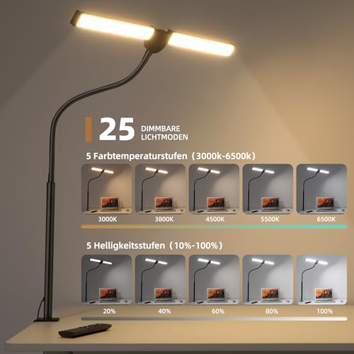 LED Schreibtischlampe Klemmbar mit Fernbedienung, Dimmbar, Schwarz
