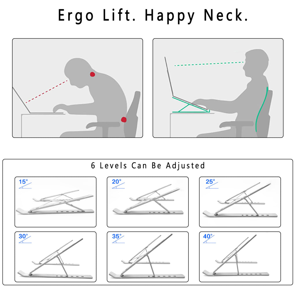AiTodos® Laptop Ständer, Aluminiumlegierung, Laptop Ständer 6 Gänge Anpassen, Leicht, rutschfest, Faltbarer Tragbarer, Laptopständer - Einfache Wärmeableitung（Silber）