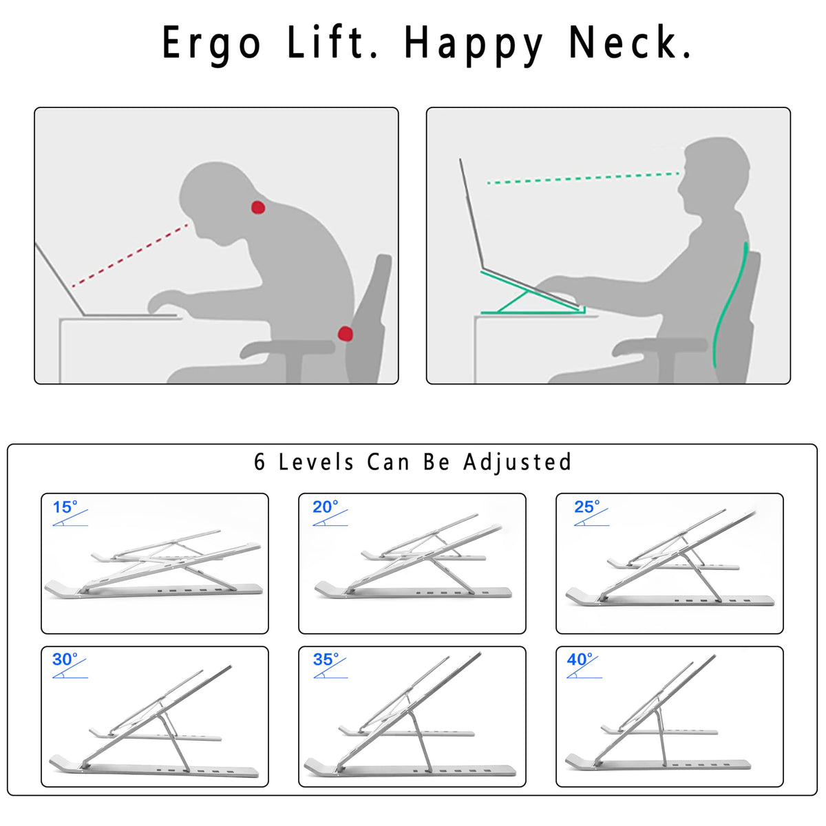 AiTodos® Laptop Ständer, Aluminiumlegierung, Laptop Ständer 6 Gänge Anpassen, Leicht, rutschfest, Faltbarer Tragbarer, Laptopständer - Einfache Wärmeableitung（Silber）