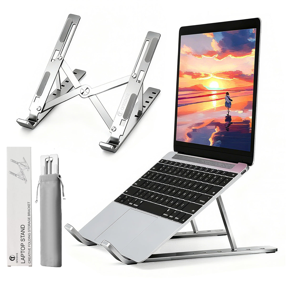 AiTodos® Laptop Ständer, Aluminiumlegierung, Laptop Ständer 6 Gänge Anpassen, Leicht, rutschfest, Faltbarer Tragbarer, Laptopständer - Einfache Wärmeableitung（Silber）