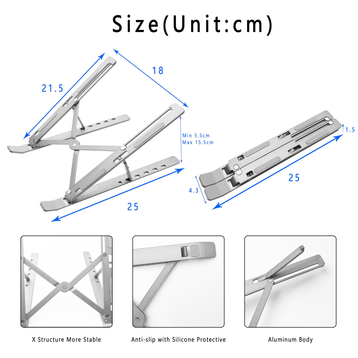 AiTodos® Laptop Ständer, Aluminiumlegierung, Laptop Ständer 6 Gänge Anpassen, Leicht, rutschfest, Faltbarer Tragbarer, Laptopständer - Einfache Wärmeableitung（Silber）
