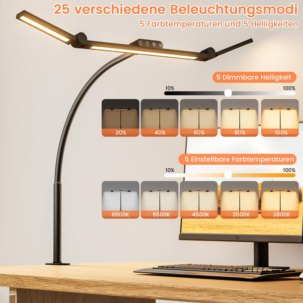 TYEE Schreibtischlampe LED Dimmbar, 24W 3-Lichtbalken LED Schreibtischlampe für Homeoffice, 1500LM Augenschutz Tageslichtlampe mit Fernbedienungen, 5 Farb 5 Helligkeit Büro Tischlampe