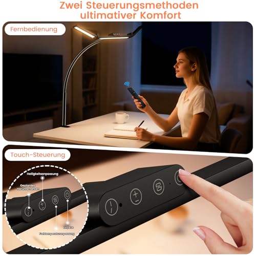 TYEE Schreibtischlampe LED Dimmbar, 24W 3-Lichtbalken LED Schreibtischlampe für Homeoffice, 1500LM Augenschutz Tageslichtlampe mit Fernbedienungen, 5 Farb 5 Helligkeit Büro Tischlampe