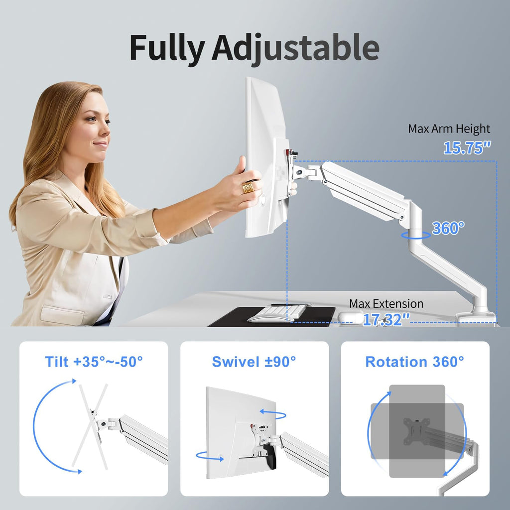 suptek Monitor Halterung für 13-32 Zoll LED LCD Bildschirm bis zu 9 kg, Monitor Arm mit Gasfeder, 360° Drehbar Höhenverstellbar Schwenkbar Neigbar, Monitorhalterung VESA 75x75/100x100 mm, Weiß