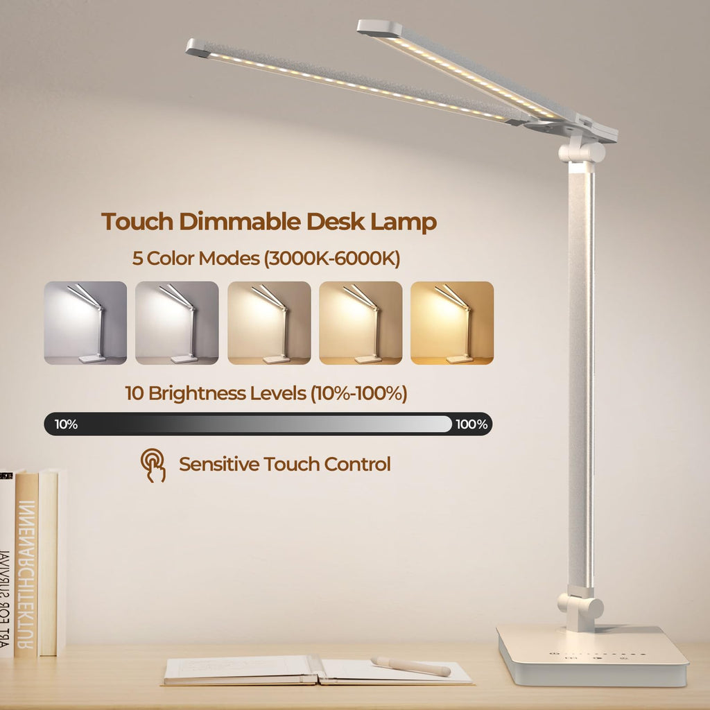 Schreibtischlampe LED 15W Dimmbar mit Augenschutz, 5 Farben und 10 Helligkeitsstufen, mit Adapter Ladefunktion Timer-Funktion, Memory Lesemodus Tischlampe für Kinder Schlafzimmer Büro (Weiß)