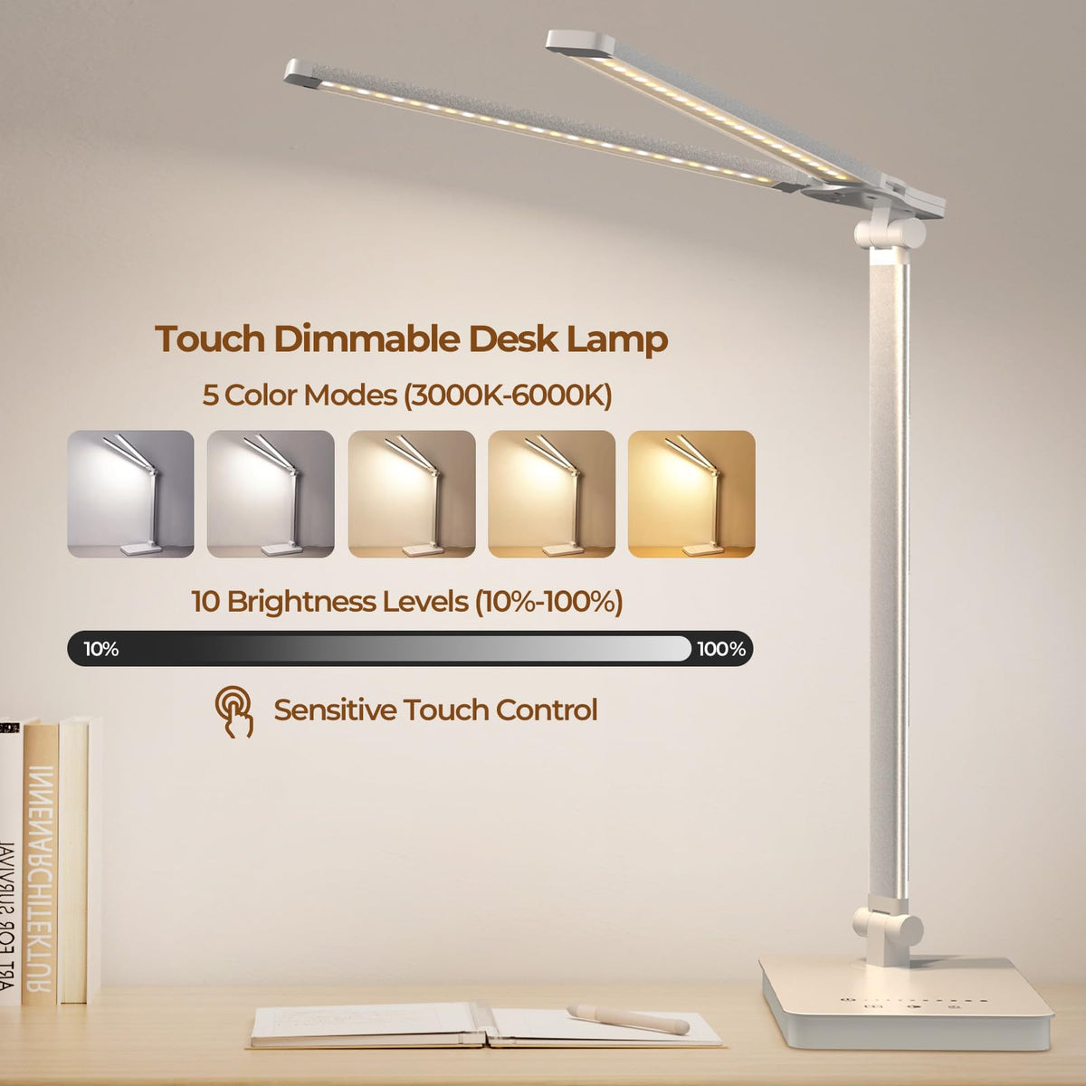 Schreibtischlampe LED 15W Dimmbar mit Augenschutz, 5 Farben und 10 Helligkeitsstufen, mit Adapter Ladefunktion Timer-Funktion, Memory Lesemodus Tischlampe für Kinder Schlafzimmer Büro (Weiß)