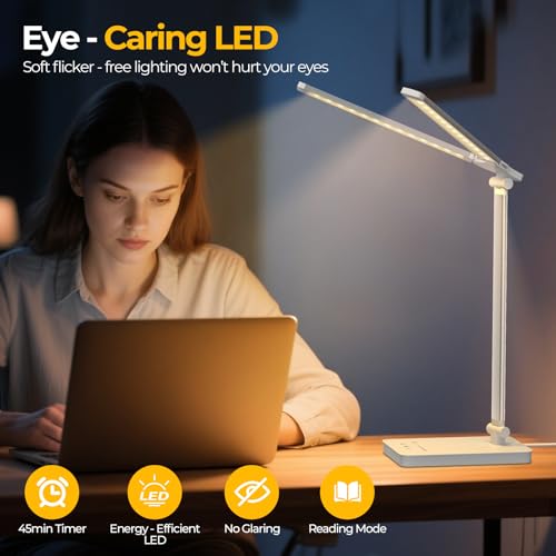 Schreibtischlampe LED 15W Dimmbar mit Augenschutz, 5 Farben und 10 Helligkeitsstufen, mit Adapter Ladefunktion Timer-Funktion, Memory Lesemodus Tischlampe für Kinder Schlafzimmer Büro (Weiß)