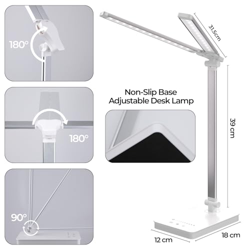 Schreibtischlampe LED 15W Dimmbar mit Augenschutz, 5 Farben und 10 Helligkeitsstufen, mit Adapter Ladefunktion Timer-Funktion, Memory Lesemodus Tischlampe für Kinder Schlafzimmer Büro (Weiß)